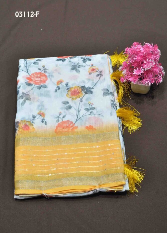 Anupriya - 03112-F  Half White Color Flower Design Linen Cotton Saree CM1171571 (RR7D)