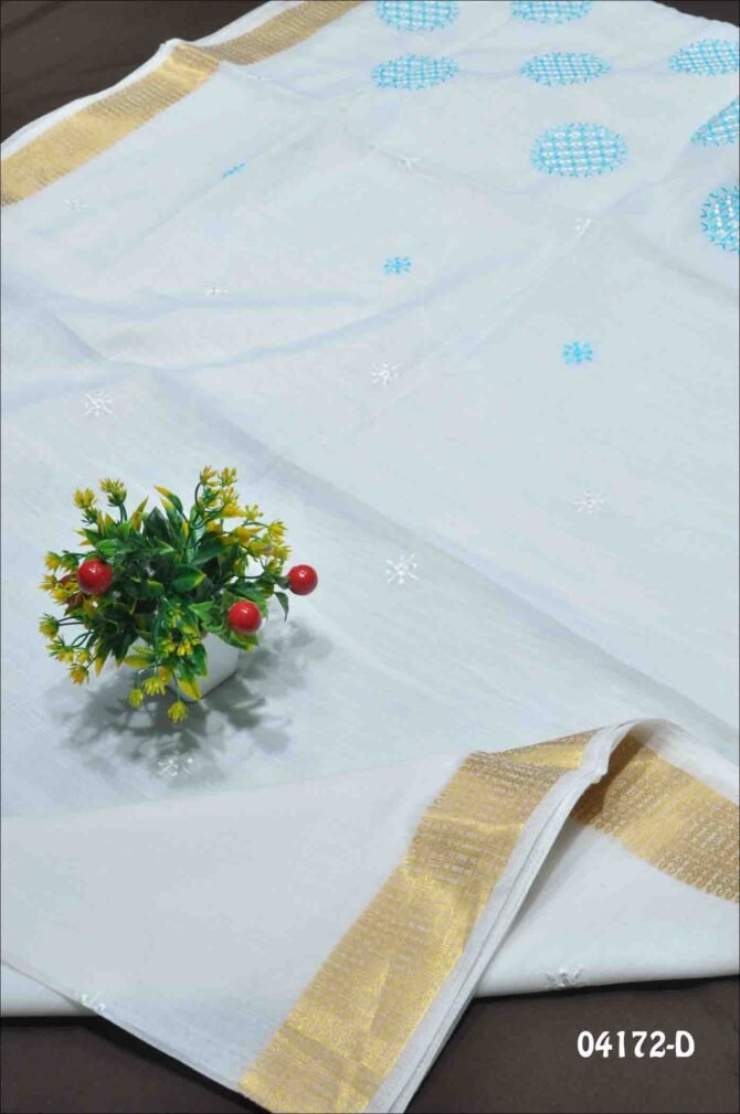 Shyla - 04172-D  White with Sky Blue Color Beautiful Embroidery Design Chanderi Cotton Saree CM1204830 (LR3D)