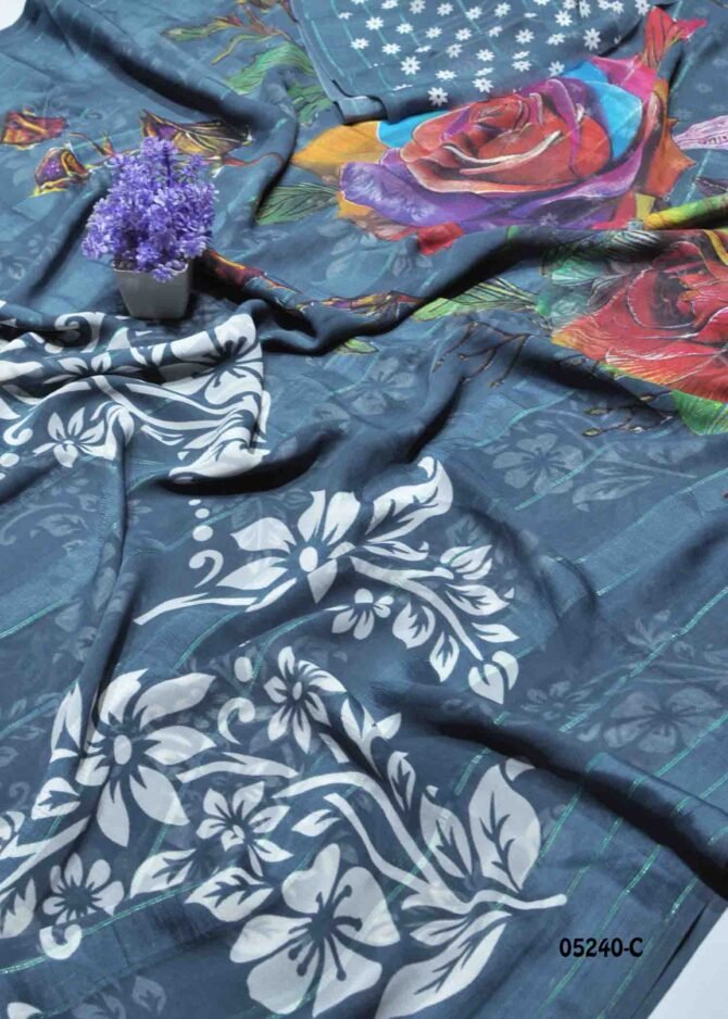 Kundavi - 05240-C  Slate Grey Color Beautiful Leaf Design Georgette Saree CM1211457 (RR6C)