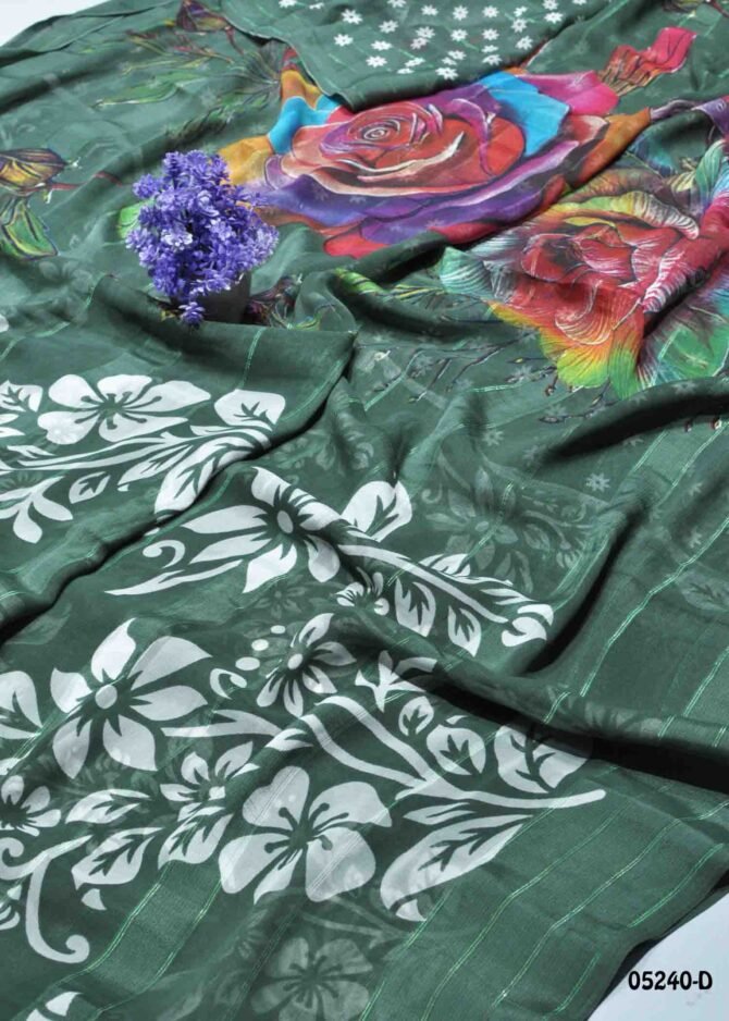 Kundavi - 05240-D  Basil Green Color Beautiful Leaf Design Georgette Saree CM1211457 (RR6C)