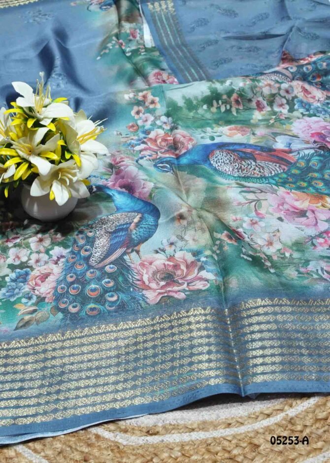 Niralya - 05253-A  Cornflower Blue Color Peacock Design Digital Printed  Moss Chiffon Saree CM1212619 [RR9C]