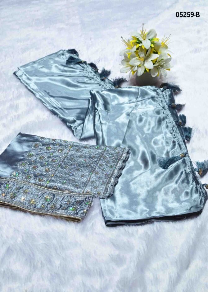 Yaazhini  - 05259-B  Slate Grey Color Plain Satin Saree With HipBelt CM1209537 (RR9D)