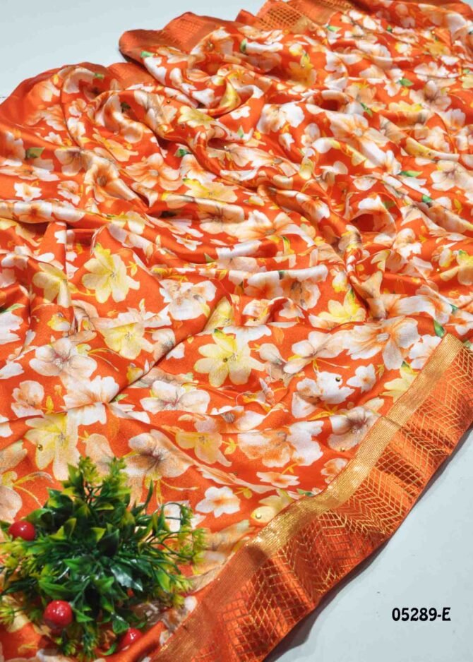 ChocoBar - 05289-E  Papaya Orange Color Digital Printed Moss Chiffon Saree CM1205135 (LR3B)