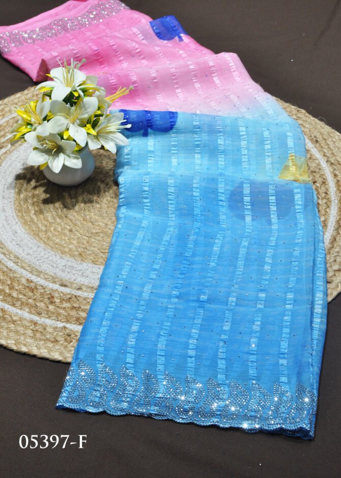 Srinisha - 05397-F Blue With Pink Color Elagant Leaf Printed Chiffon Saree CM1210338 (LR6C)
