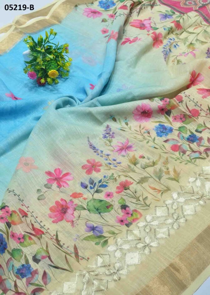 Roshika - 05219-B  Skyblue Color Rich Look Linen Cotton Saree CM1218996 (RR5E)