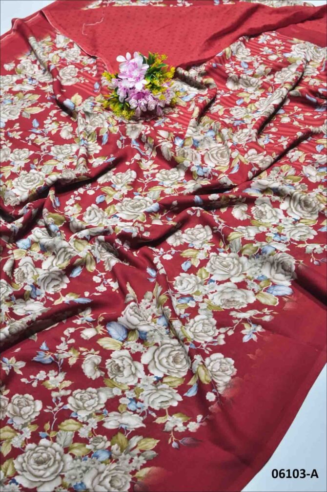 Kayathri - 06103-A  Red Color Floral Printed Simple Look Soft Synthetic Saree CM1226196 [RR6C]