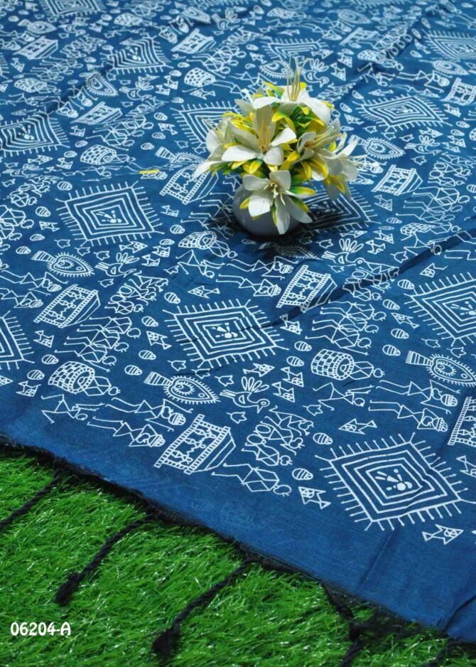 Kanishka - 06204-A  Air Force Peacock Blue Color Beautiful Foil Printed Handloom Cotton Saree CM1219016 (RR1C)
