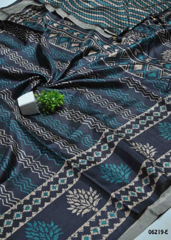 Reva - 06219-E   Navyblue Color Authentic Handblock Printed Cotton Silk Saree CM1235033 [LR1E]