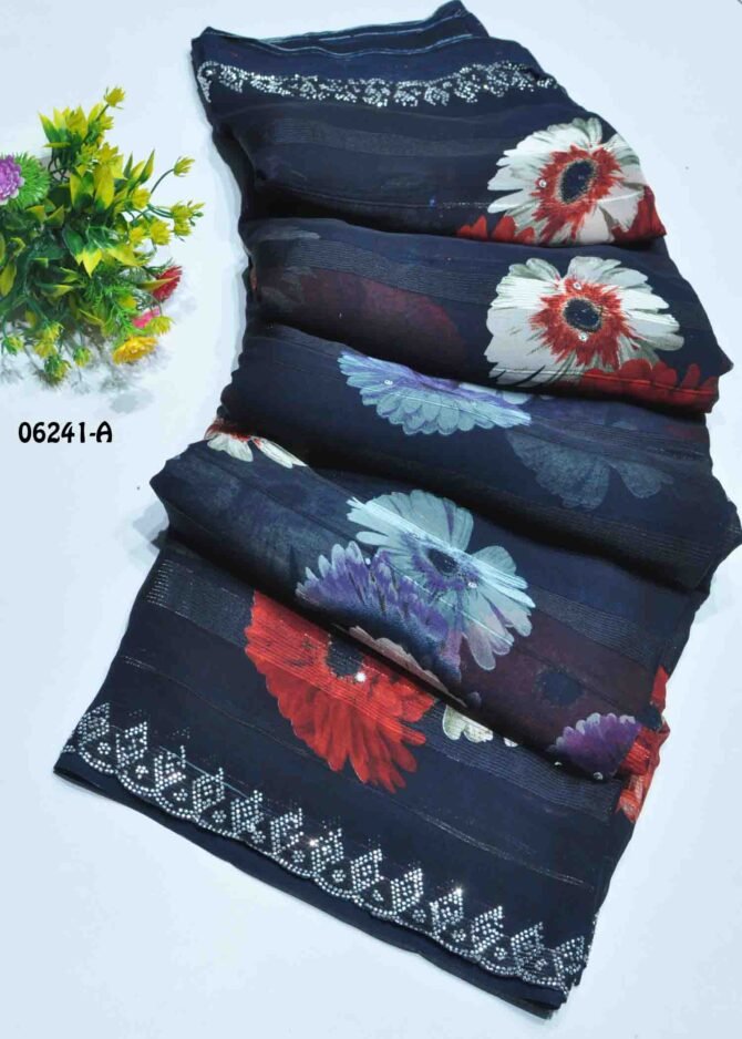 Nivisha - 06241-A  Navy Blue Color Floral Design Chiffon Saree CM1208502 [LR3C]