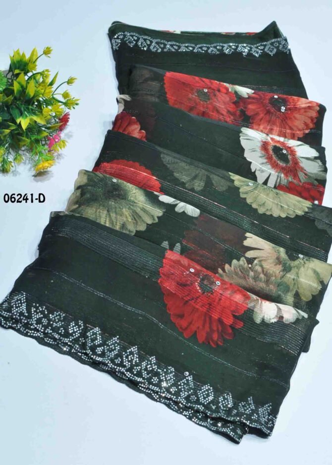 Nivisha - 06241-D  Dark Green Color Floral Design Chiffon Saree CM1208502 [LR3C]