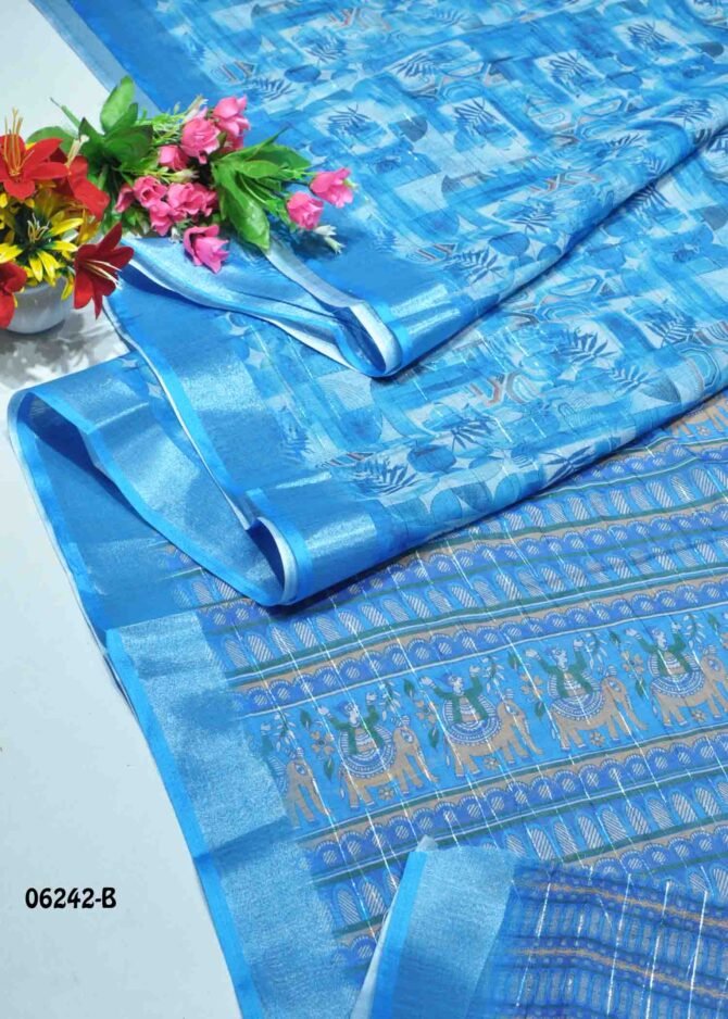 Tanushka - 06242-B   Sky Blue Color Fancy Linen Cottone Saree CM1228491 (RR3D)
