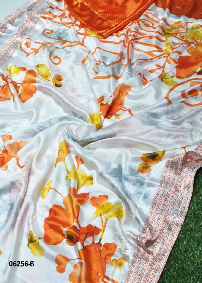 Swarna - 06256-B  Half White with Orange Color Moss Chiffon Saree CM1208313 (RR2C)