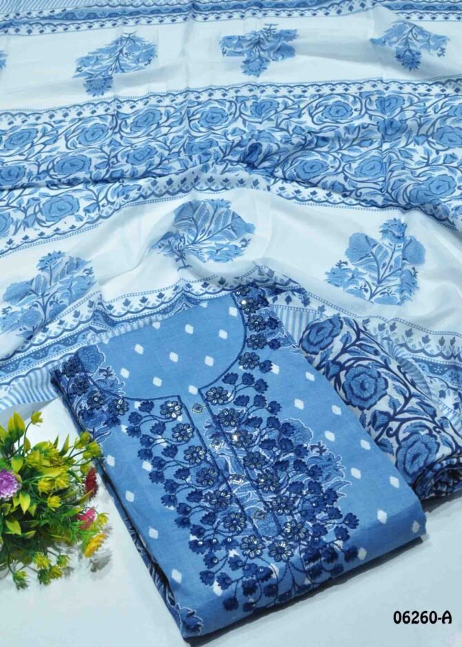 Prisha - 06260-A  Sky Blue Color Mixed Cotton Salwar Material CM1219136 (RR3C)