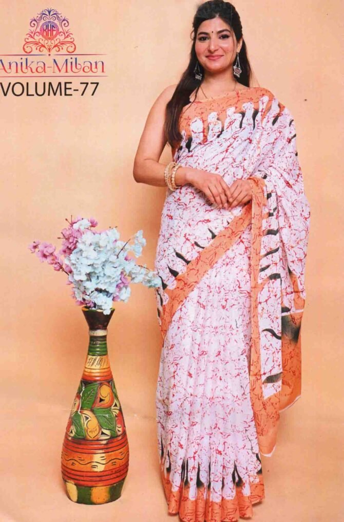 Anika-Milan - 06265-E  Half White with Orange Color Teachers Wear Special Mulmul Cotton Saree CM1230853 (RR5C)