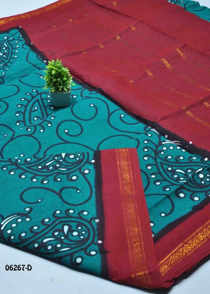 Tanisha - 06267-D  Ocean Green Color Madurai Chungudi Cotton Saree CM1230956 [RR5C]