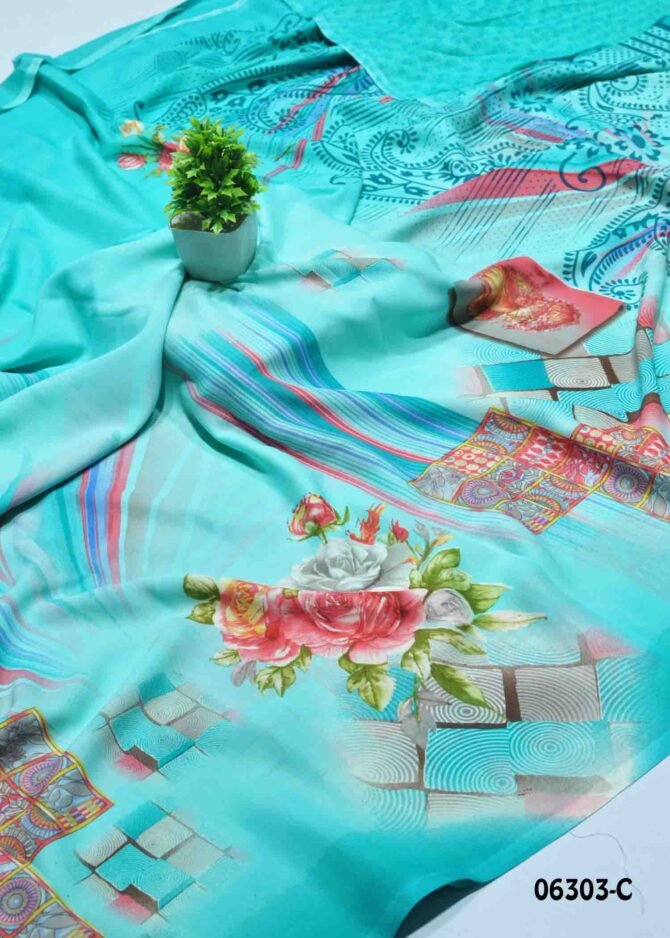 Menaha -06303-C Cyan Blue Color Floral Printe Simple Look Soft Georgette Saree CM1226196 [RR5B]