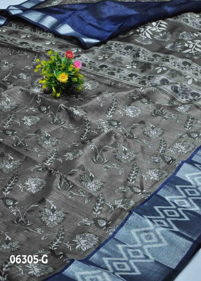 Farha -06305-G Smoke Grey Color Floral Printed Silk Cotton Saree CM1221581 [RR6B]