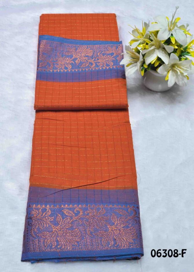 Nandhini -06308-F Orange Color Traditional Look Checked Chettinad Cotton Saree CM1230940 (RR6C)