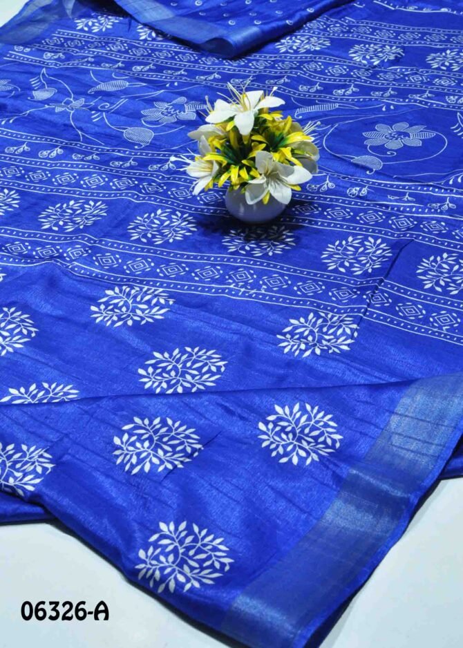 Jasmin -06326-A Admiral Blue Color Leaf Printed Silk Cotton Saree CM1231326 [RR9B]