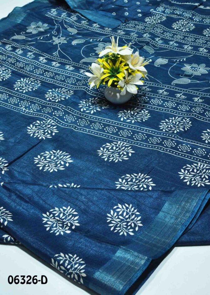 Jasmin -06326-D Space Blue Color Leaf Printed Silk Cotton Saree CM1231326 [RR9B]
