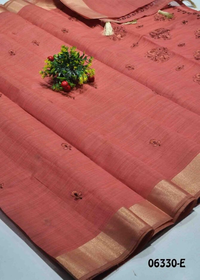 Maanasi - 06330-E Rust Red Color Embroidery Elegant Look Mixed Cottone Saree CM1234525 (LR2B)