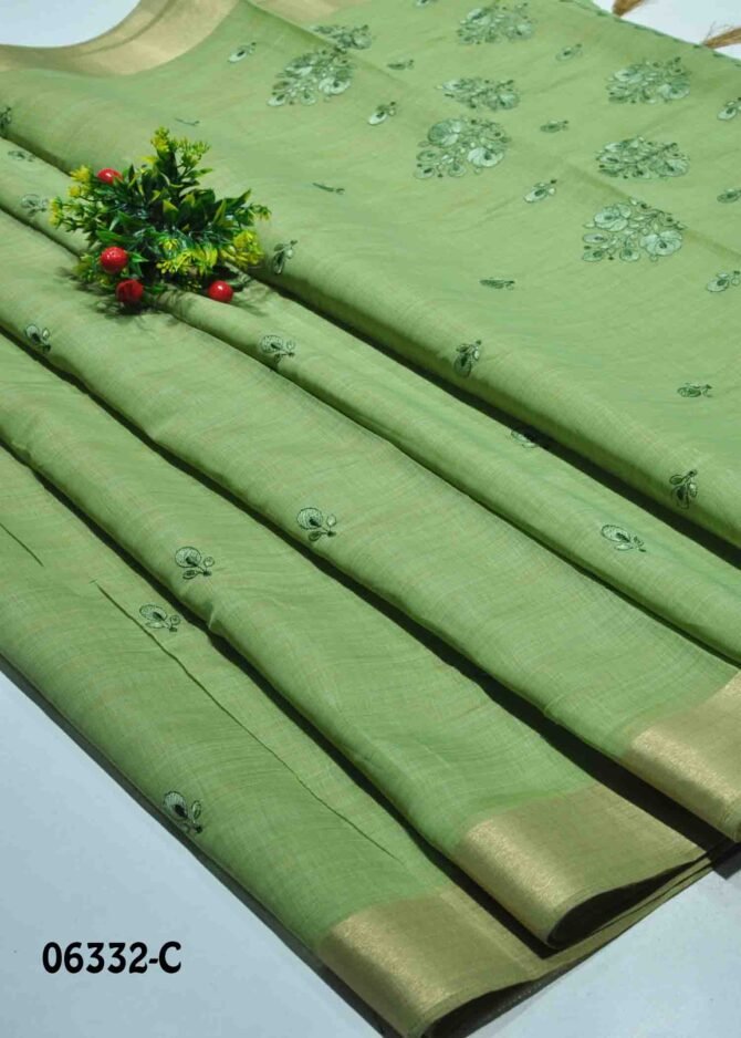 Madhavi - 06332-C Green Color  Summer Special Embroidery Mixed Cottone Saree CM1234525 (LR2B)