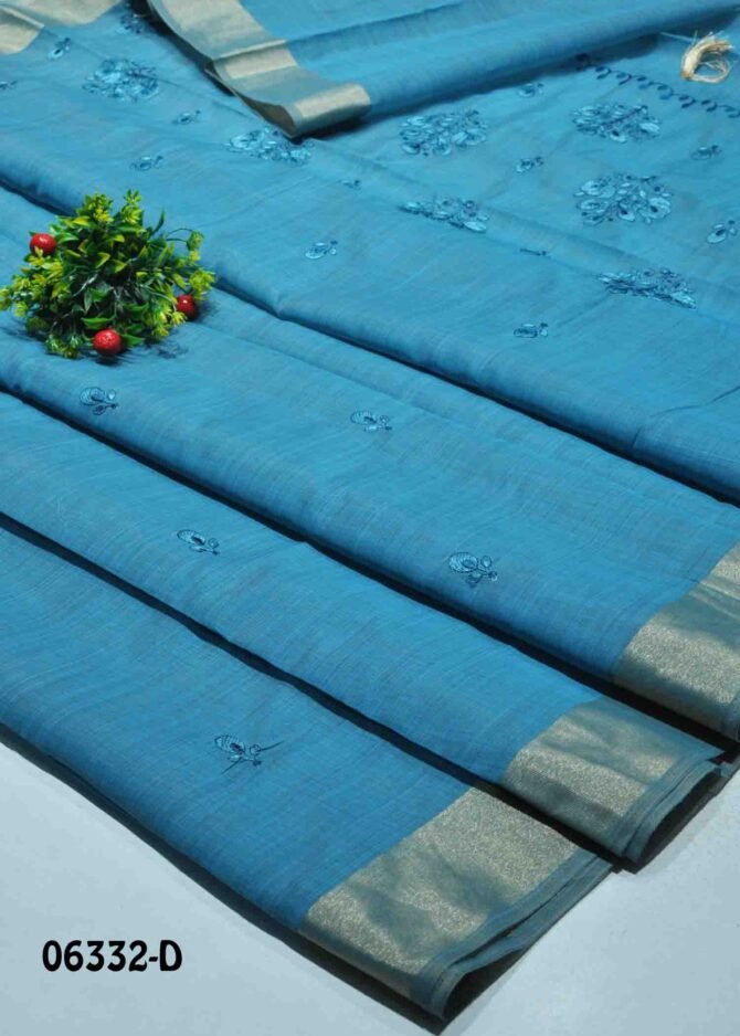 Madhavi - 06332-D Denim Blue Color  Summer Special Embroidery Mixed Cottone Saree CM1234525 (LR2B)
