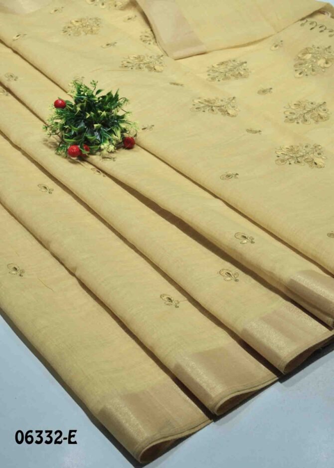 Madhavi - 06332-E Tan Color  Summer Special Embroidery Mixed Cottone Saree CM1234525 (LR2B)