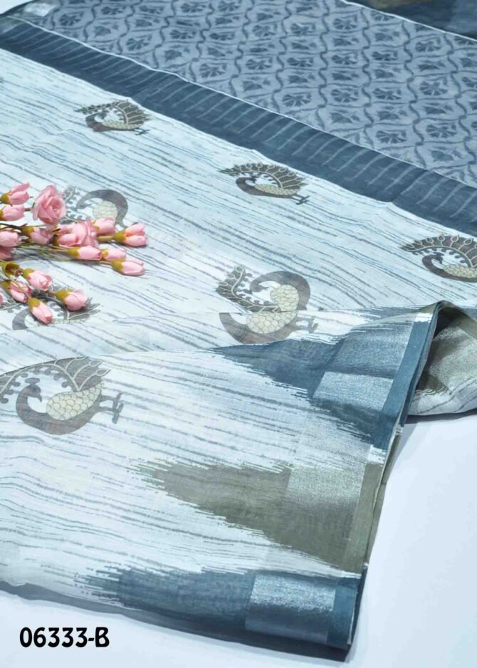 Mahika - 06333-B White Color Printed Linen Cotton Saree CM1234175 (LR2B)