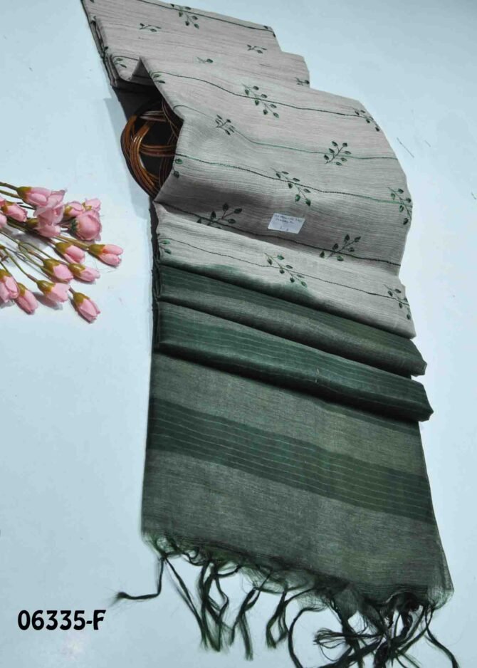 Ragaveni - 06335-F Light Tan Color Leaf Embroidery Elegant Look Mixed Cotton Saree CM1235242 (LR3B)
