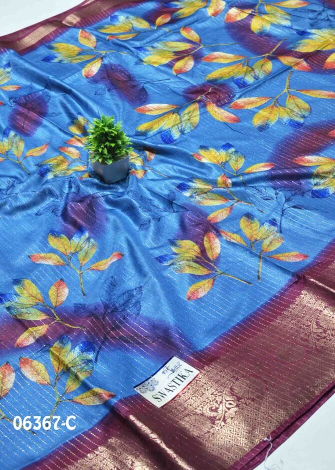 Harishma-06367-C Pacific Blue Color Leaf Printed Dola Silk Saree CM1237397 (LR5B)