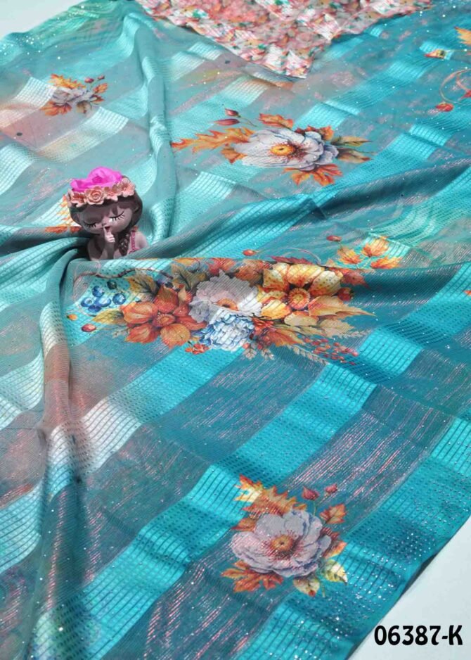 Shaliha -06387-K Turquoise Blue Color Beautiful Look Floral Printed Satin Line Soft Georgette Saree CM1230856 [LR9B]