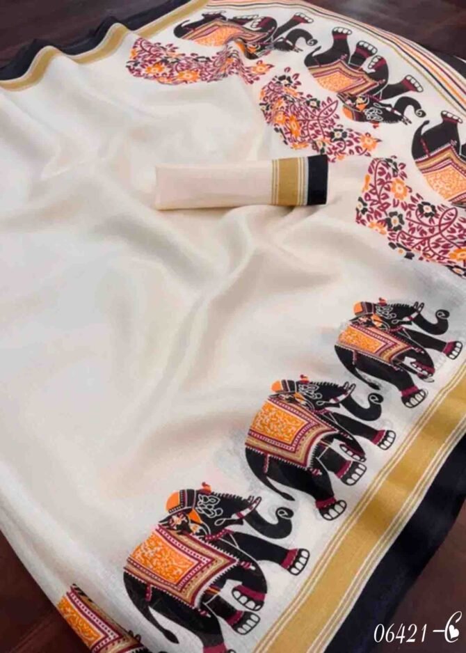 One Plus - 06421-C  Ivory With Black Color Elephant Design Khadi Cotton Saree CM1236278 (LR6C)
