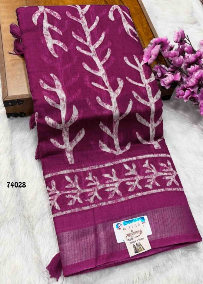 Siddhanth Batiq Culture - 74028   Wine Purple Color Fancy Linen Cottone Saree CM1226435 (RR1D)