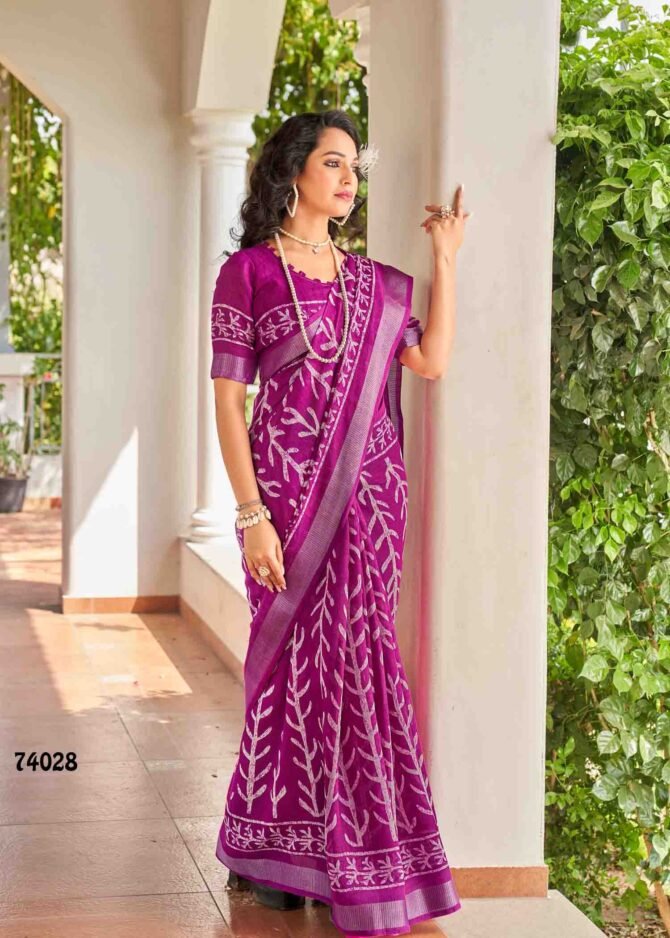 Siddhanth Batiq Culture - 74028   Wine Purple Color Fancy Linen Cottone Saree CM1226435 (RR1D)