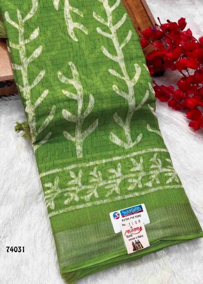 Siddhanth Batiq Culture - 74031   Pea Green Color Fancy Linen Cottone Saree CM1226435 (RR1D)