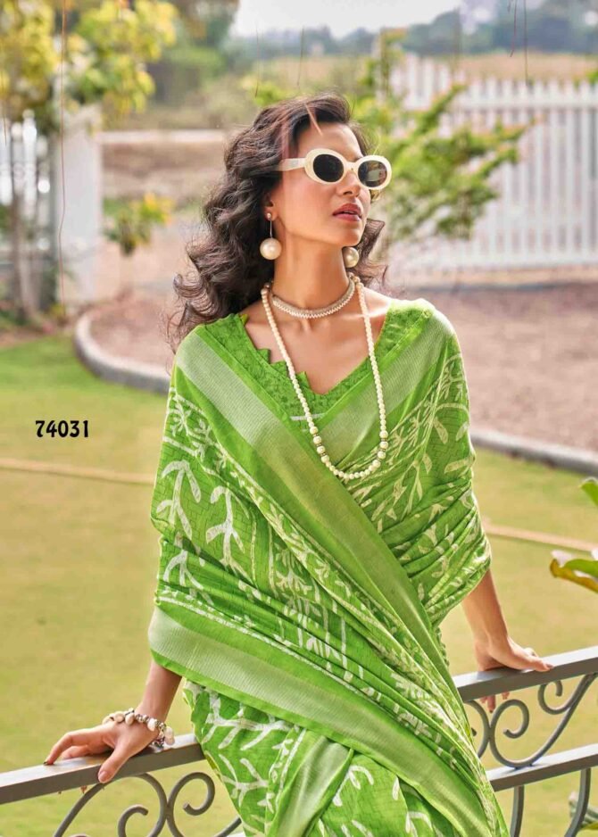 Siddhanth Batiq Culture - 74031   Pea Green Color Fancy Linen Cottone Saree CM1226435 (RR1D)