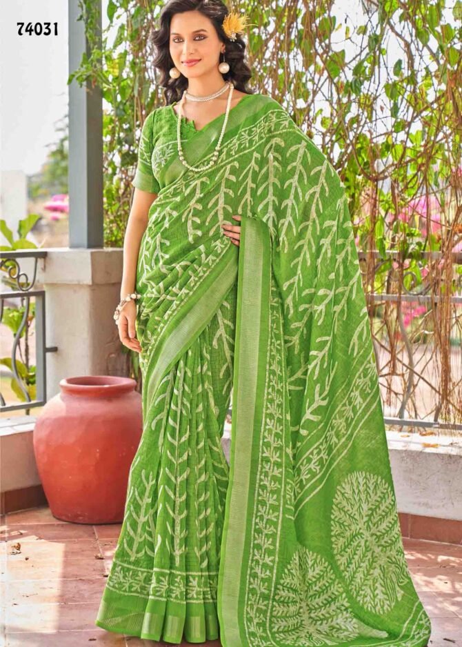 Siddhanth Batiq Culture - 74031   Pea Green Color Fancy Linen Cottone Saree CM1226435 (RR1D)