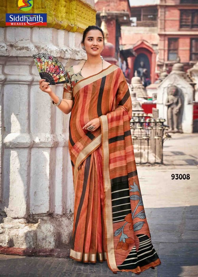 Siddhanth Ethnic Print - 93008   Coral Orange Color Fancy Linen Cottone Saree CM1211734 (RR5C)