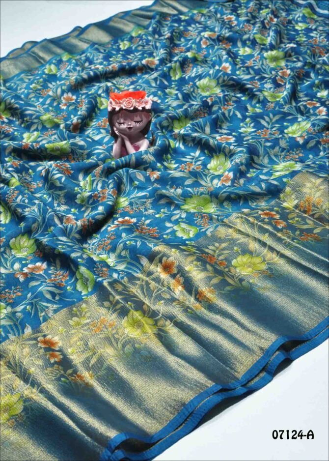 Flower -07124-A  Peacock  Blue Color Brasso Soft Chiffon Saree CM1251751 [LR11B]