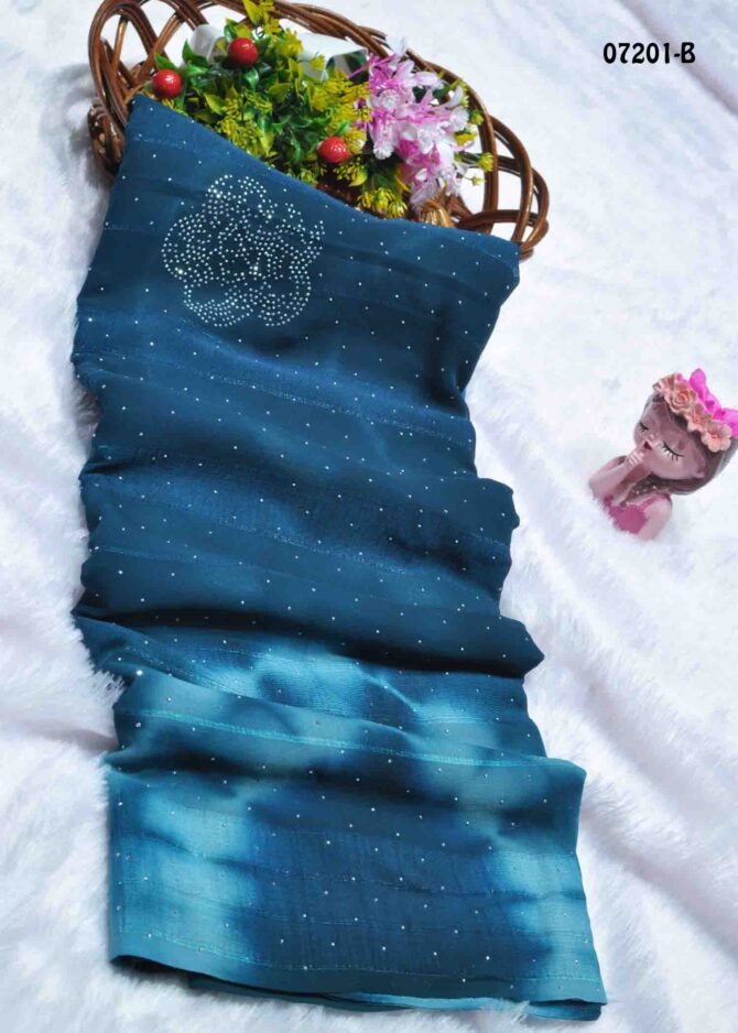 Aarunya -07201-B  Peacockblue Color Simply Stone Work Soft Chiffon Saree CM1232286 [RR1C]