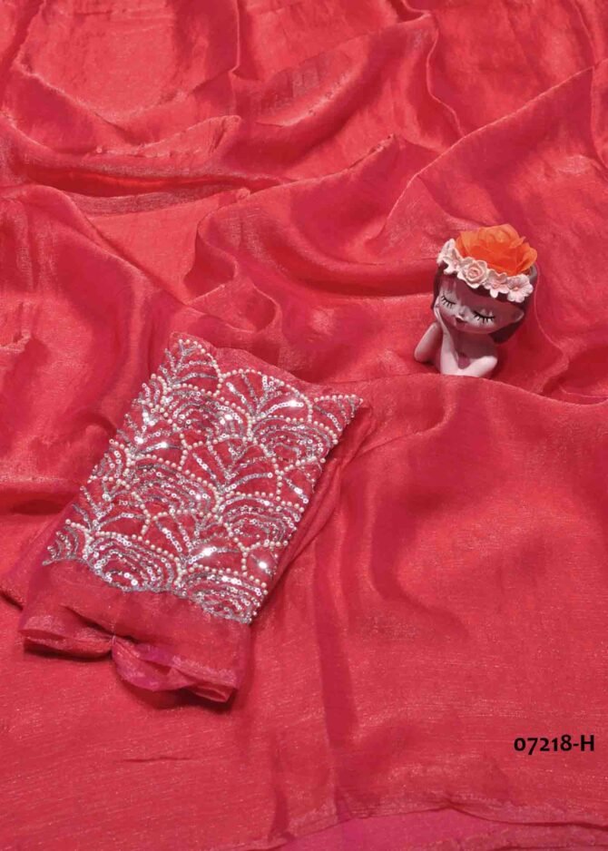 Soundarya - 07218-H  Bright Red Color New Arrival Plain Jimmy-Choo Saree CM1246878 (LR8E)