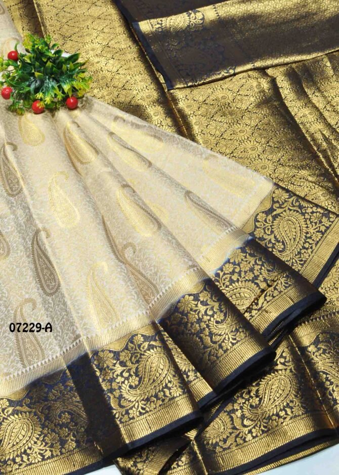 Vigashini -07229-A  Ivory With Black Color Grand Look Traditonal Wear Raw Silk Saree CM1240773 (RR3B)
