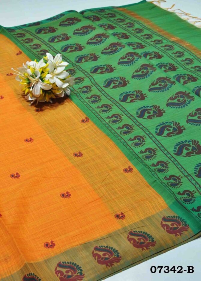 Radha -07342-B Orange Color Peacock Printed Traditional Look Silk Cotton Saree CM1250146 (LR13C)