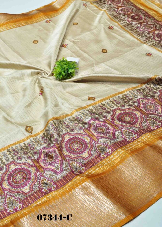 Nivethitha -07344-C Tan Color Printed Dola Silk Saree CM1245061 (LR6E)