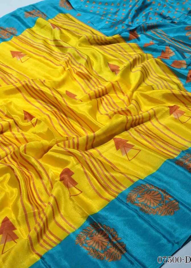 Lakshmi 07500-D Yellow with sky blue Border Turkey crape sarees CM1244590 [LR9C]