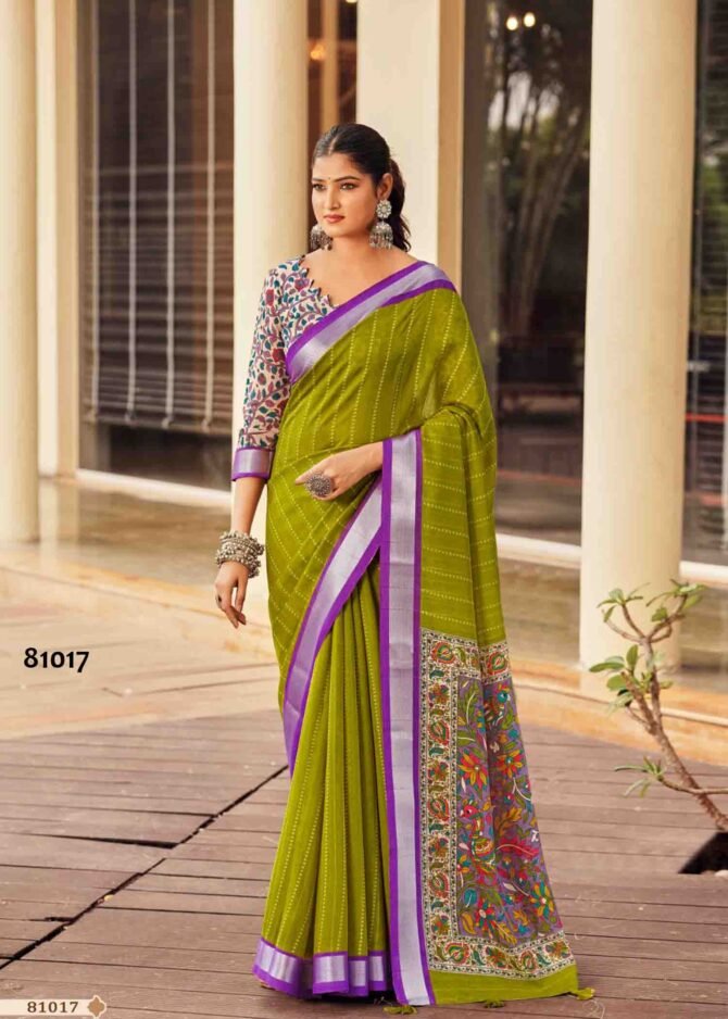Peachmode Prints -81017   Olive Green Color Stylish & Rich Look Linen Cotton Saree CM1243879 [LR5D]