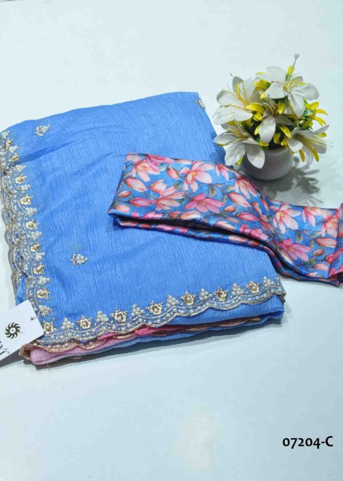 Agarshana - 07204-C   Pink With Blue Color Beautiful Crushed Shimmer Chiffon Saree CM1208574 [LR8C]