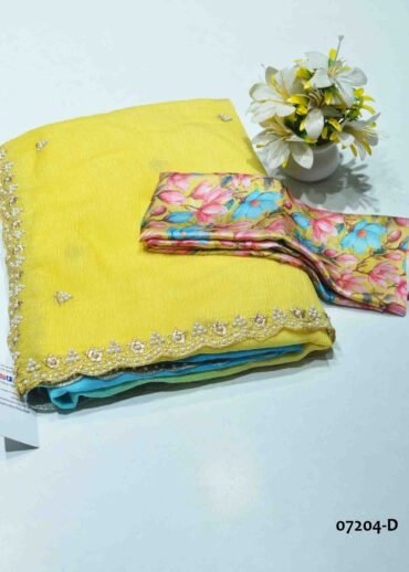 Agarshana - 07204-D   Skyblue With Yellow Color Beautiful Crushed Shimmer Chiffon Saree CM1208574 [LR8C]