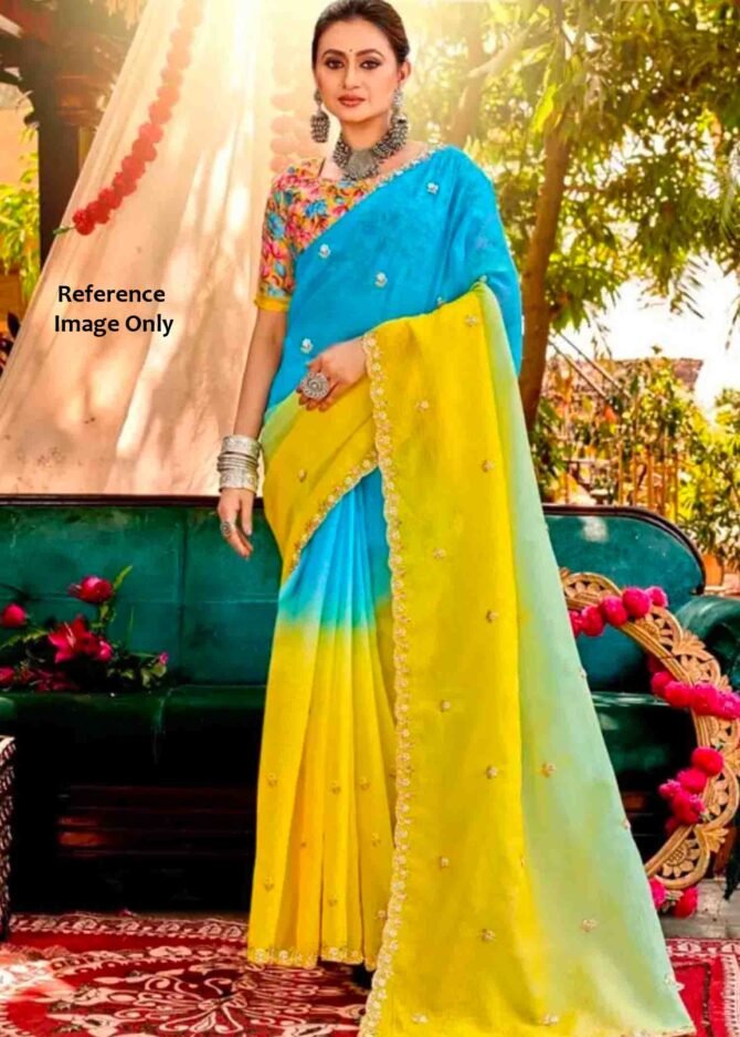 Agarshana - 07204-D   Skyblue With Yellow Color Beautiful Crushed Shimmer Chiffon Saree CM1208574 [LR8C]